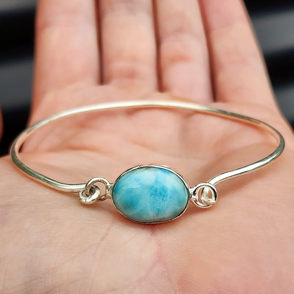 Solid Sterling Silver & Natural Larimar Handmade Bangle Bracelet