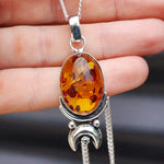 100% Solid Sterling Silver & Natural Amber Handmade Sun & Moon Necklace