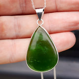 Solid Sterling Silver & Natural Nephrite Greenstone Handmade Pear Pendant Necklace