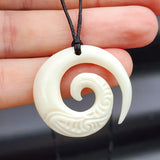 Natural Hand Carved Maori Bone Carving Pendant Necklace - Etched Koru