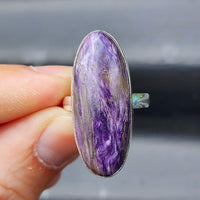 (T) Solid Sterling Silver & Natural Charoite XL Oval Handmade Solitaire Ring