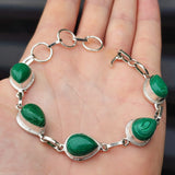 Solid Sterling Silver & Natural Malachite Stone Handmade Chain Bracelet