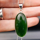 Solid Sterling Silver & Natural Nephrite Greenstone Handmade Oval Pendant Necklace