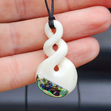 Natural Hand Carved Maori Bone & Paua Carving Pendant Necklace - Double Twist