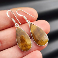 Solid Sterling Silver & Natural Tiger Eye Handmade Hanging Hook Earrings