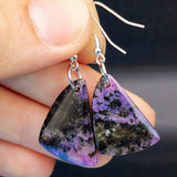 Solid Sterling Silver & Natural Charoite Handmade Hanging Hook Earrings