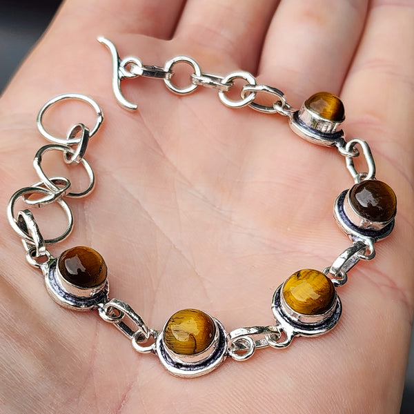 Solid Sterling Silver & Natural Tigers Eye Handmade Chain Bracelet