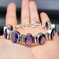 Solid Sterling Silver & Natural Amethyst Handmade Chain Bracelet