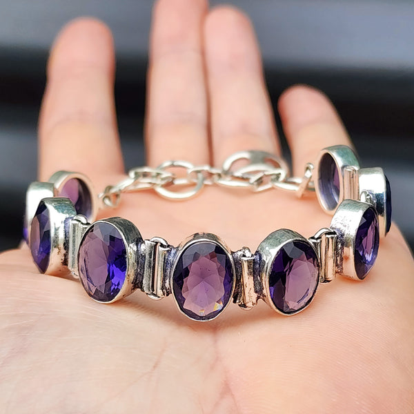 Solid Sterling Silver & Natural Amethyst Handmade Chain Bracelet