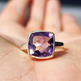 (Q) Solid Sterling Silver & Square Rustic Amethyst Stone Handmade Solitaire Ring