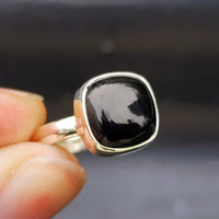 (Q) Solid Sterling Silver & Natural Black Onyx Handmade Cushion Solitaire Ring