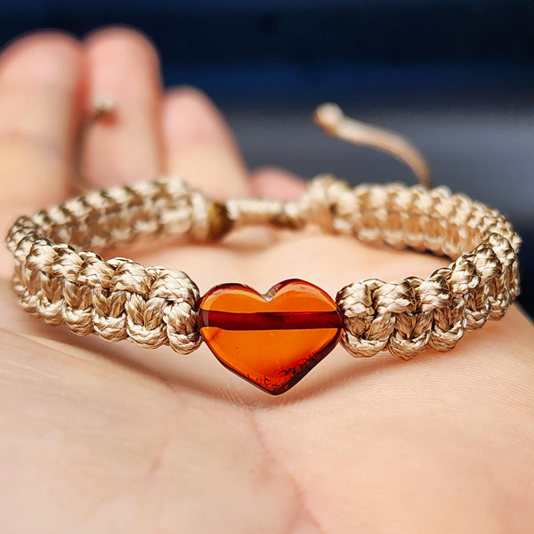 Natural Baltic Amber Heart Macrame Bracelet