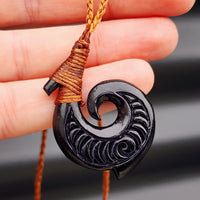 Black Stained Hand Carved Maori Bone Carving Pendant Necklace - Hook Carving