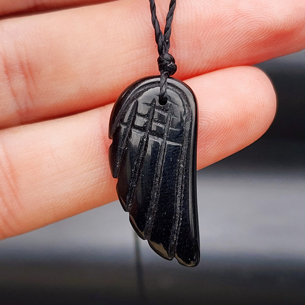 Natural Obsidian Angel Wing Pendant Necklace