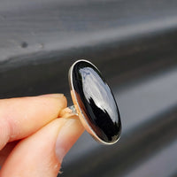 (T) Solid Sterling Silver & Long Oval Black Onyx Handmade Solitaire Ring