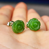 Nephrite Greenstone & Solid Silver Rose Stud Earrings