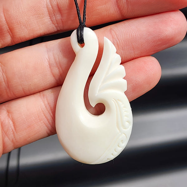 Natural Hand Carved Maori Bone Carving Pendant Necklace - Hook With Wing