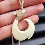 Natural Hand Carved Maori Bone Carving Pendant Necklace - Hook With Tan Binding