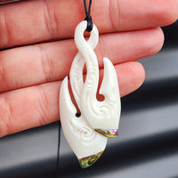 Natural Hand Carved Maori Bone Carving Pendant Necklace - Double Hook With Paua Inlay