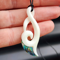 Natural Hand Carved Maori Bone Carving Pendant Necklace - Koru Twist With Paua Inlay