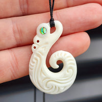 Natural Hand Carved Maori Bone Carving Pendant Necklace - Manaia With Paua Inlay