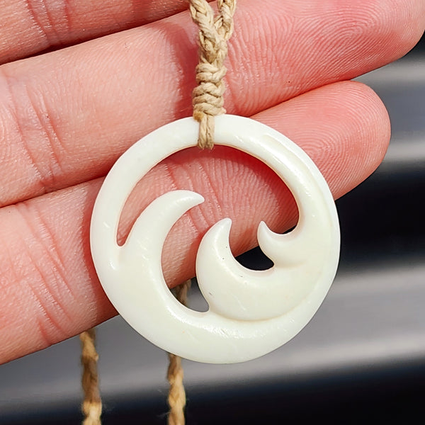 Natural Hand Carved Maori Bone Carving Pendant Necklace - Waves On Tan