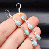 Rustic Solid Sterling Silver & Natural Larimar Handmade Hanging Hook Earrings