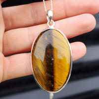 Solid Sterling Silver & Natural Tiger Eye Handmade Oval Pendant & Chain Necklace