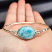 Solid Sterling Silver & Natural Larimar Handmade Bangle Bracelet