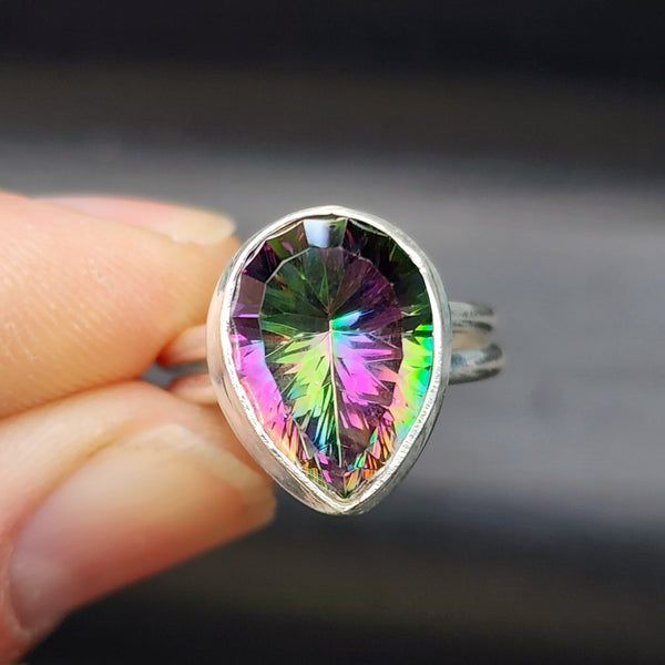 (M) Solid Sterling Silver & Mystic Topaz Handmade Solitaire Ring