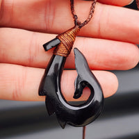 Black Stained Hand Carved Maori Bone Carving Pendant Necklace - Whale Tail Hook