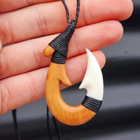 Natural Hand Carved Maori Bone Carving Pendant Necklace - Hook Wood & Bone