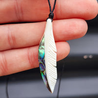 Natural Hand Carved Maori Bone Carving Pendant Necklace - Feather With Paua Inlay