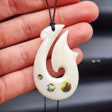 Natural Hand Carved Maori Bone Carving Pendant Necklace - Hook With Paua Inlay