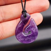 Natural Amethyst Traditional NZ Maori Whale Tail Hook Carving Pendant Necklace