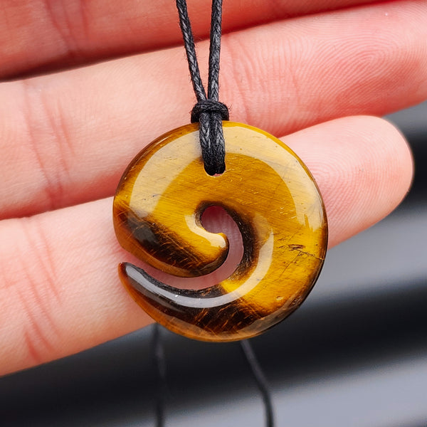 Natural Tiger Eye Traditional NZ Maori Koru Carving Pendant Necklace