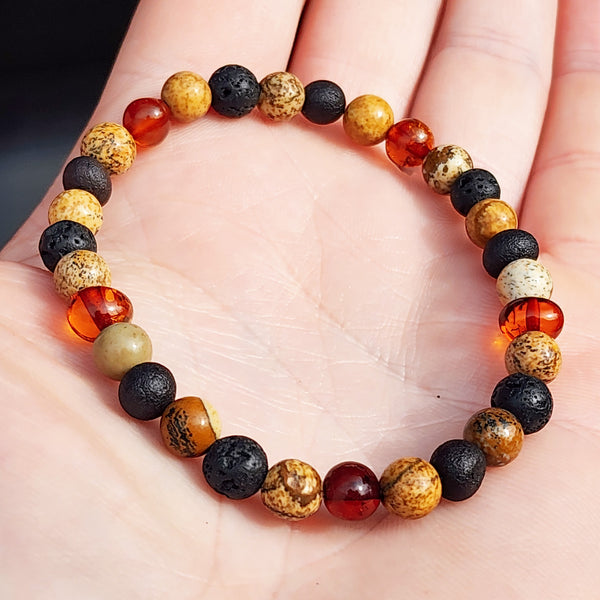 Adults Bracelet - Cognac Amber, Raw Cherry, Lava & Jasper