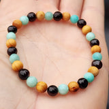 Adults Elastic Bracelet - Polished Cherry Amber & Pine Wood + Amazonite