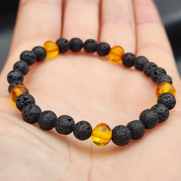 Adults Bracelet - Polished Honey Amber & Lava Stones