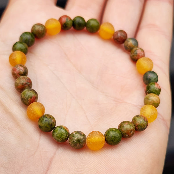 Raw Honey Amber & Natural Unakite Elastic Bracelet