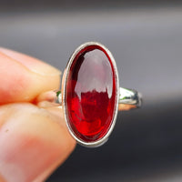 (Q) Solid Sterling Silver & Red Garnet Oval Stone Handmade Solitaire Ring