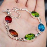 Solid Sterling Silver & Mixed Faceted Gemstones Handmade Chain Bracelet