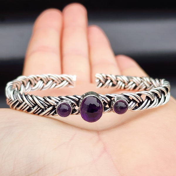 Solid Sterling Silver & Natural Amethyst Handmade Braid Cuff Bracelet