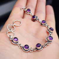 Solid Sterling Silver & Natural Amethyst Handmade Chain Bracelet