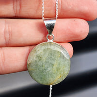 Solid Sterling Silver & Natural Aquamarine Handmade Round Pendant & Chain Necklace