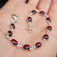 Solid Sterling Silver & Natural Garnet Handmade Chain Bracelet