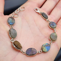 Solid Sterling Silver & Natural Labradorite Handmade Chain Bracelet