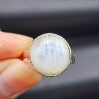 (Q) Solid Sterling Silver & Natural Round Moonstone Handmade Solitaire Ring