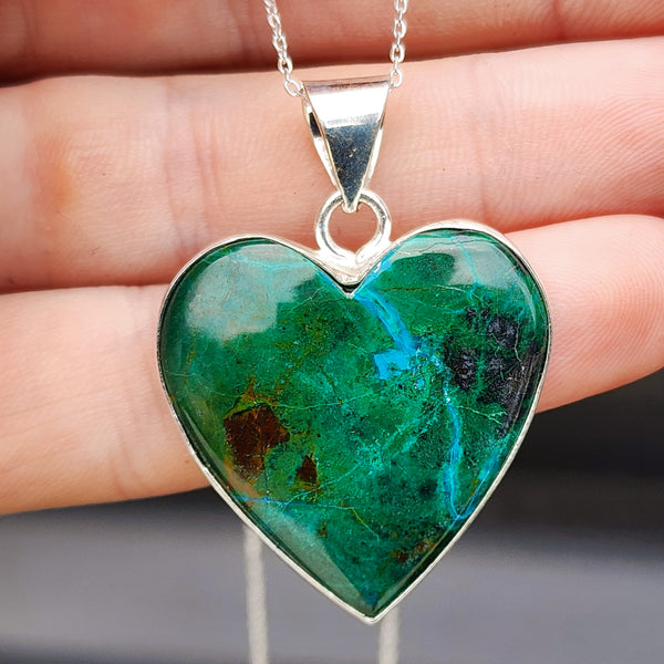 Solid Sterling Silver & Natural Shattuckite Handmade Heart Pendant & Chain Necklace