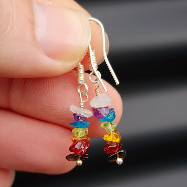 Solid Sterling Silver & Natural Gemstone 7 Chakra Hanging Earrings